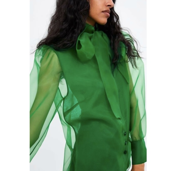 ZARA SEMI-SHEER ORGANZA BLOUSE TOP W/ BOW TIE NEW